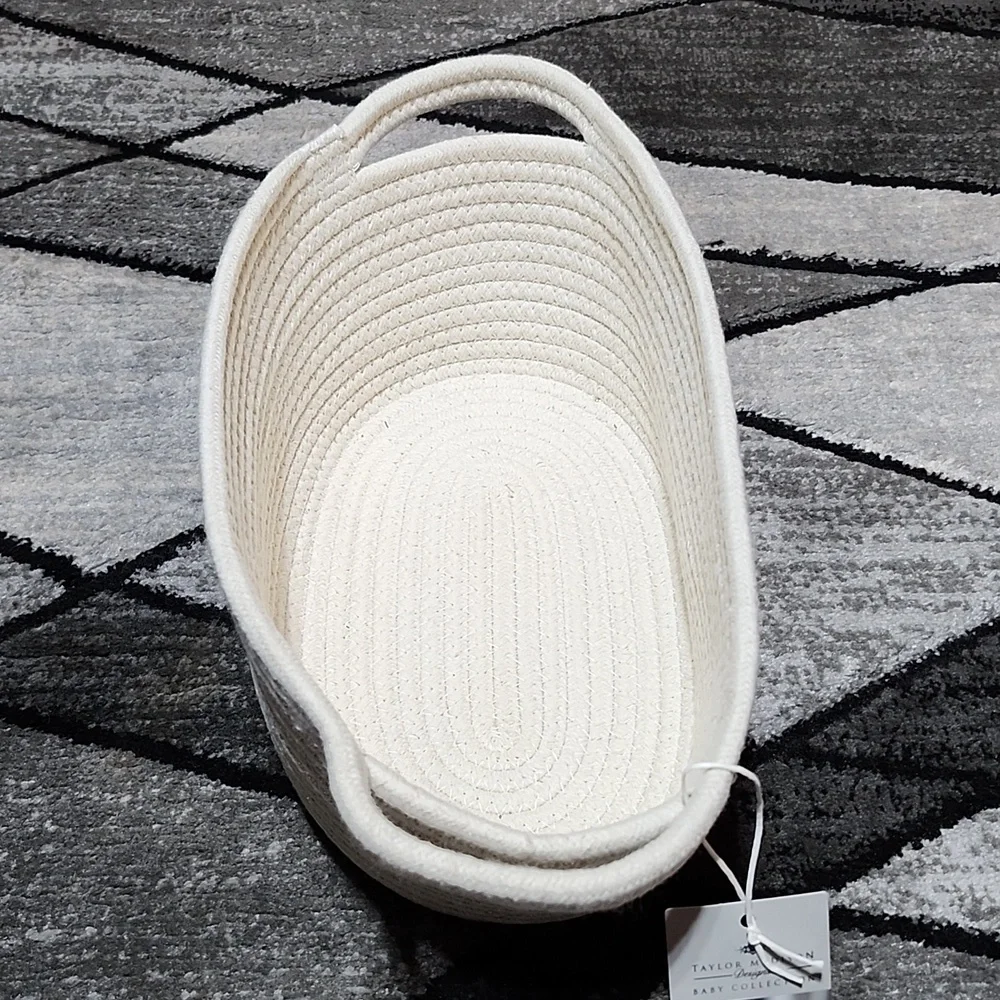 TAYLOR MADISON DESIGNS BABY COLLECTION OVAL WOVEN GOLD-TRIM STORAGE BASKET